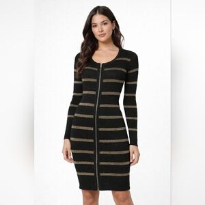Pink Rose Black & Gold Metallic Stripe Bodycon Sweater Dress Zip Front Medium